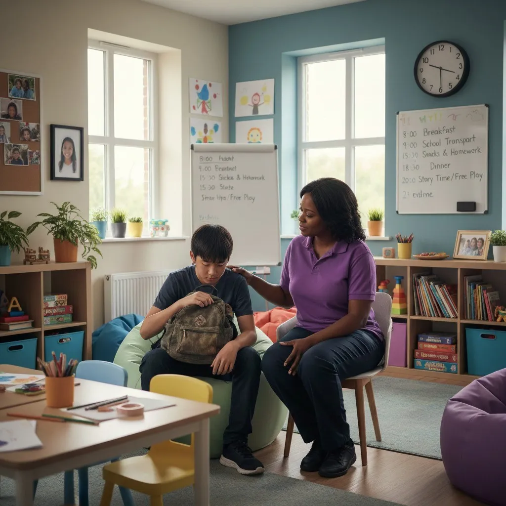 Children’s home staff providing attentive childcare support in a safe and welcoming environment