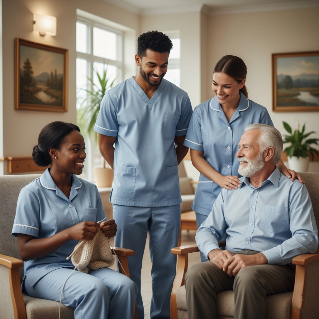 Healthcare staff supporting daily activities in a care home environment