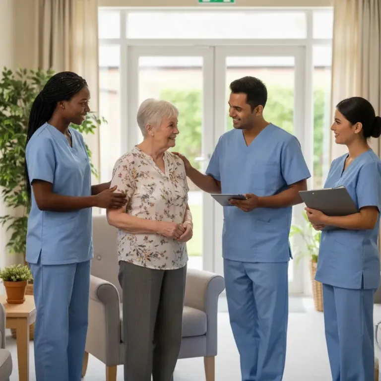 Healthcare assistants discussing care plans with a senior patient